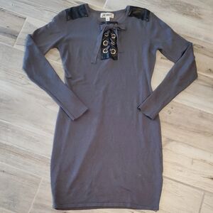 Say What Black Faux Leather Gray Knit Knee Length Dress Tie Front Large Office